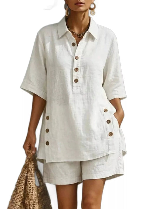 Full Size Casual Linen Button-Down Shirt & Shorts Set Plus Size