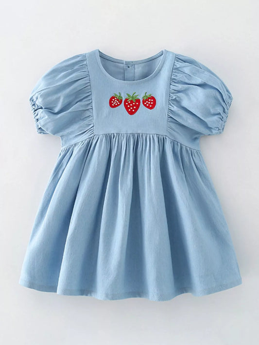 Children's Strawberry Embroidered Puff Sleeve Denim Dress