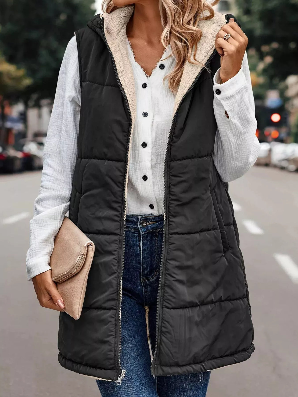 Full Size Hooded Sherpa-Lined Puffer Vest Coat Plus Size