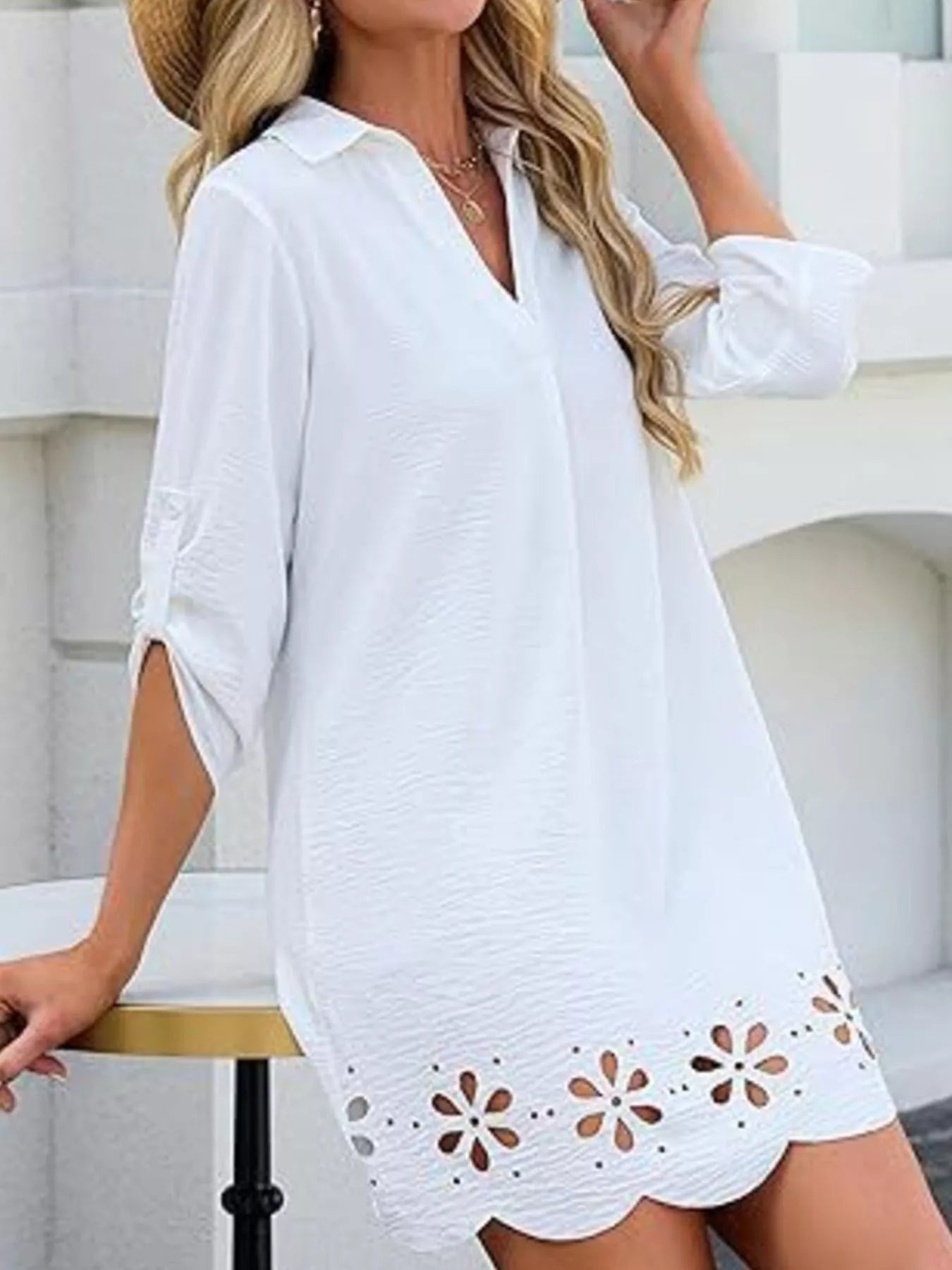 Scalloped Eyelet Hem Roll-Up Sleeve Dress