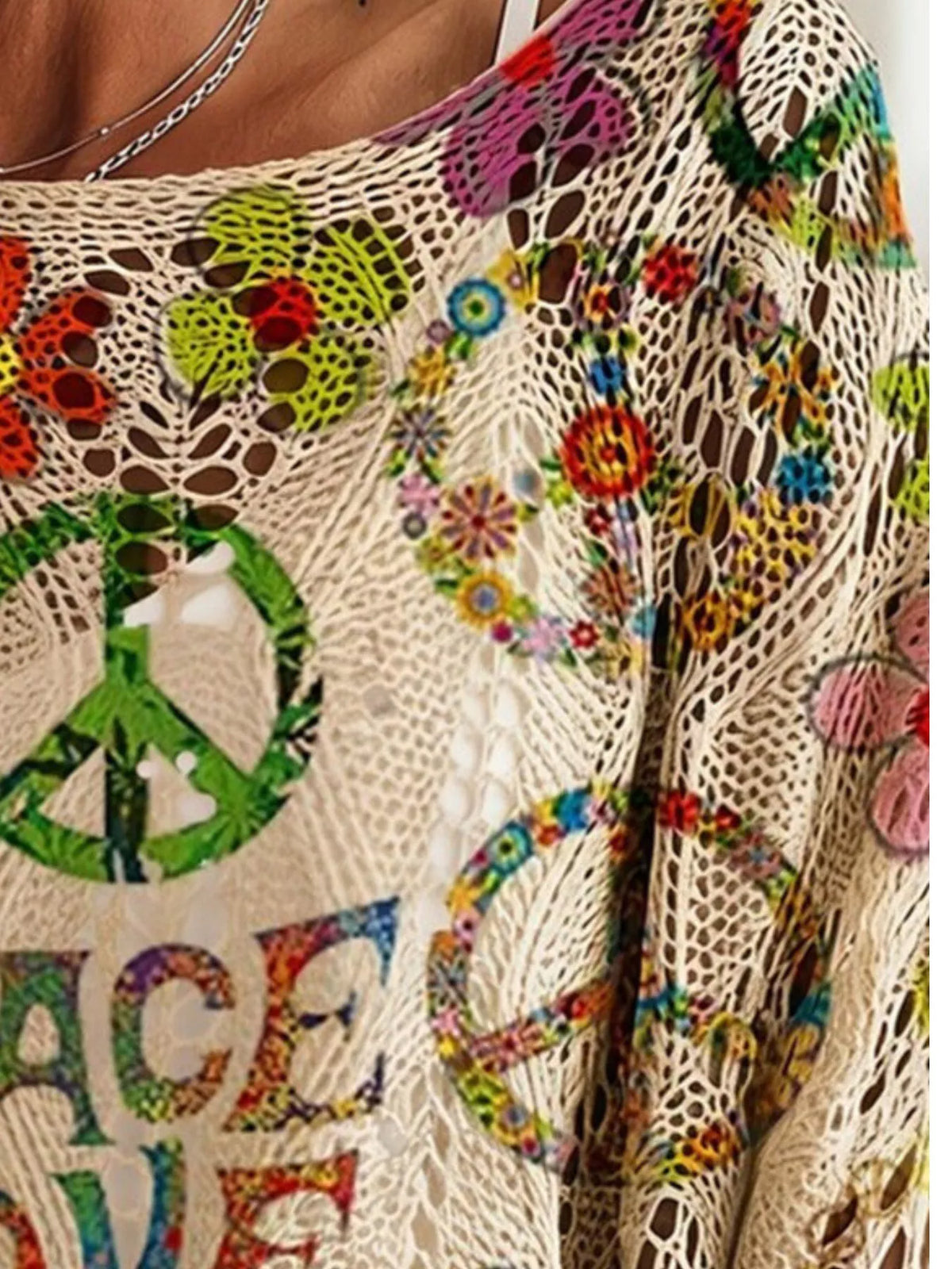Boho Chic Peace & Love Print Crochet Knit Top
