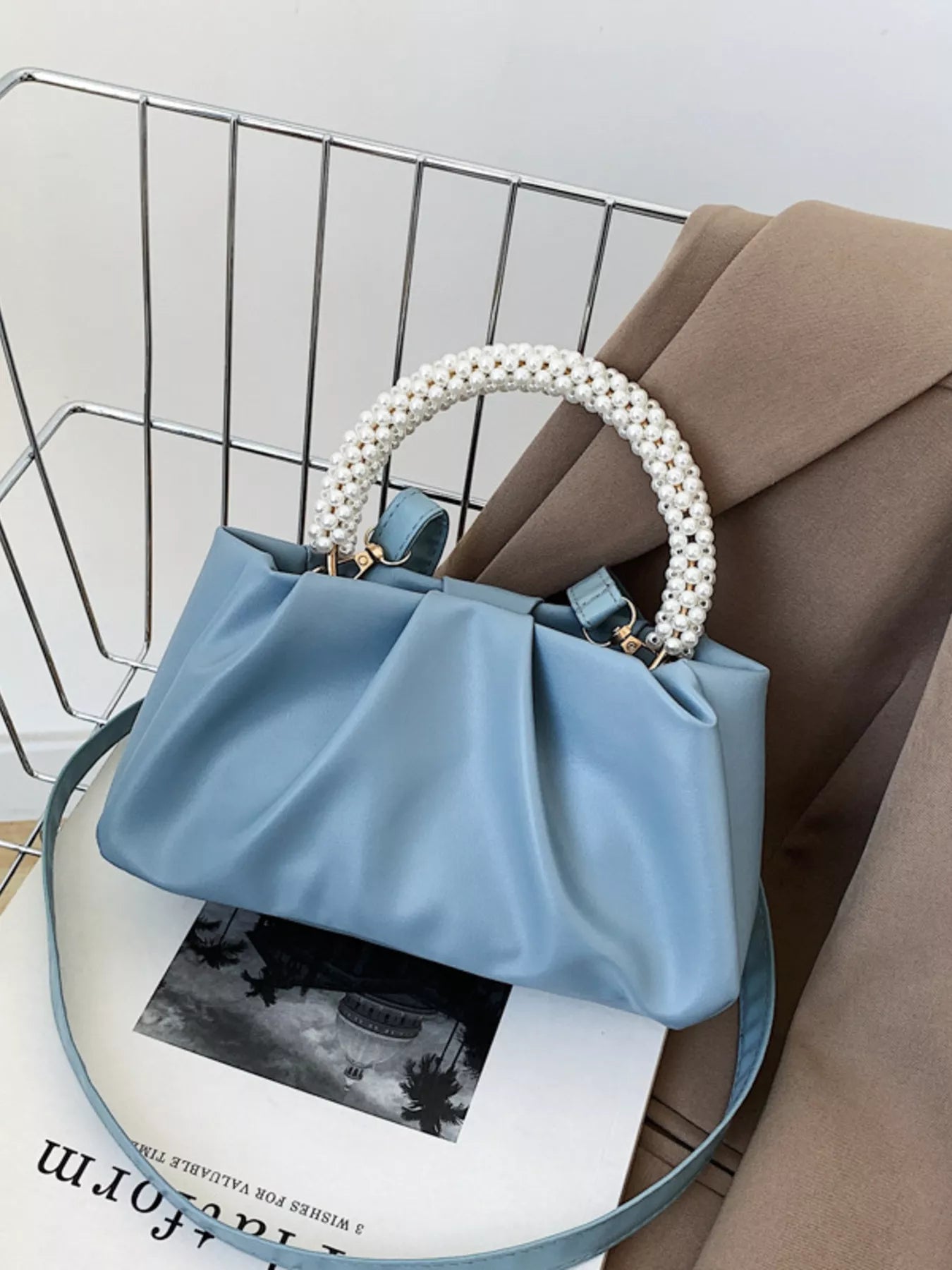 Pearl Handle Ruched Crossbody Bag