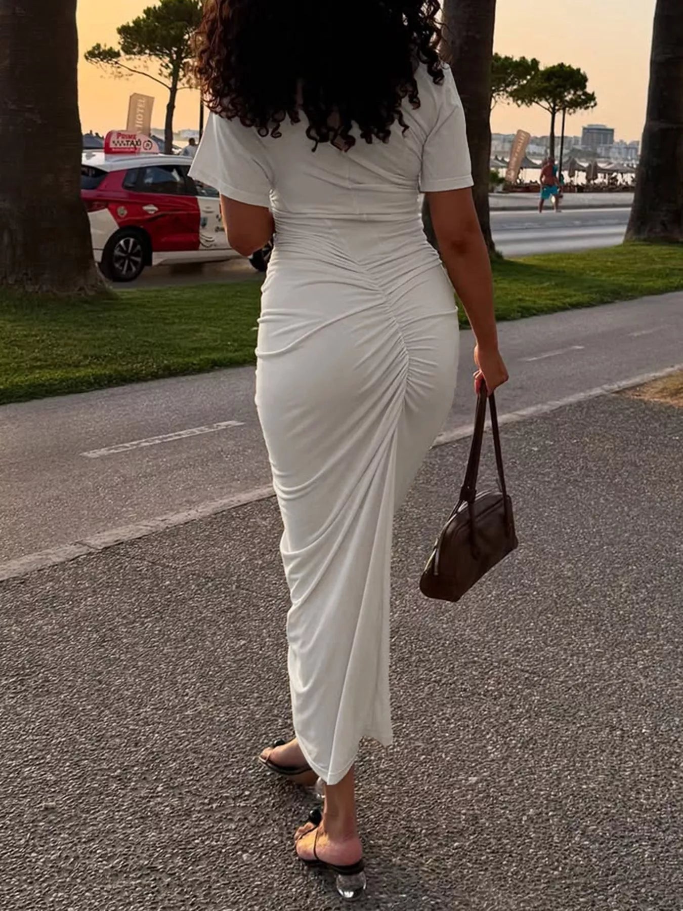 Ruched Short Sleeve Maxi Dress