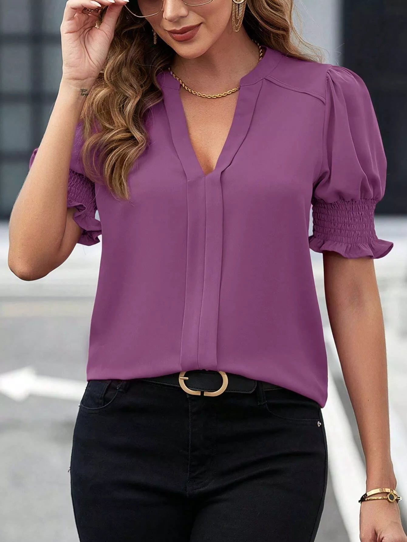 Notched Half Sleeve Blouse