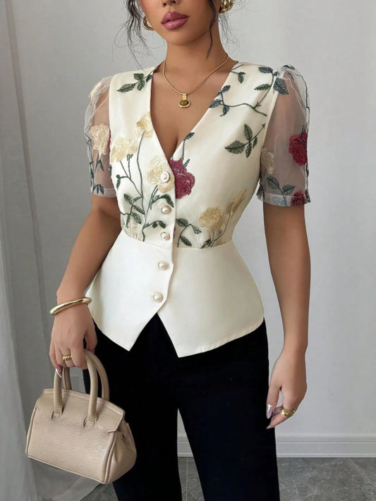 Floral Print V-Neck Button-Up Shirt