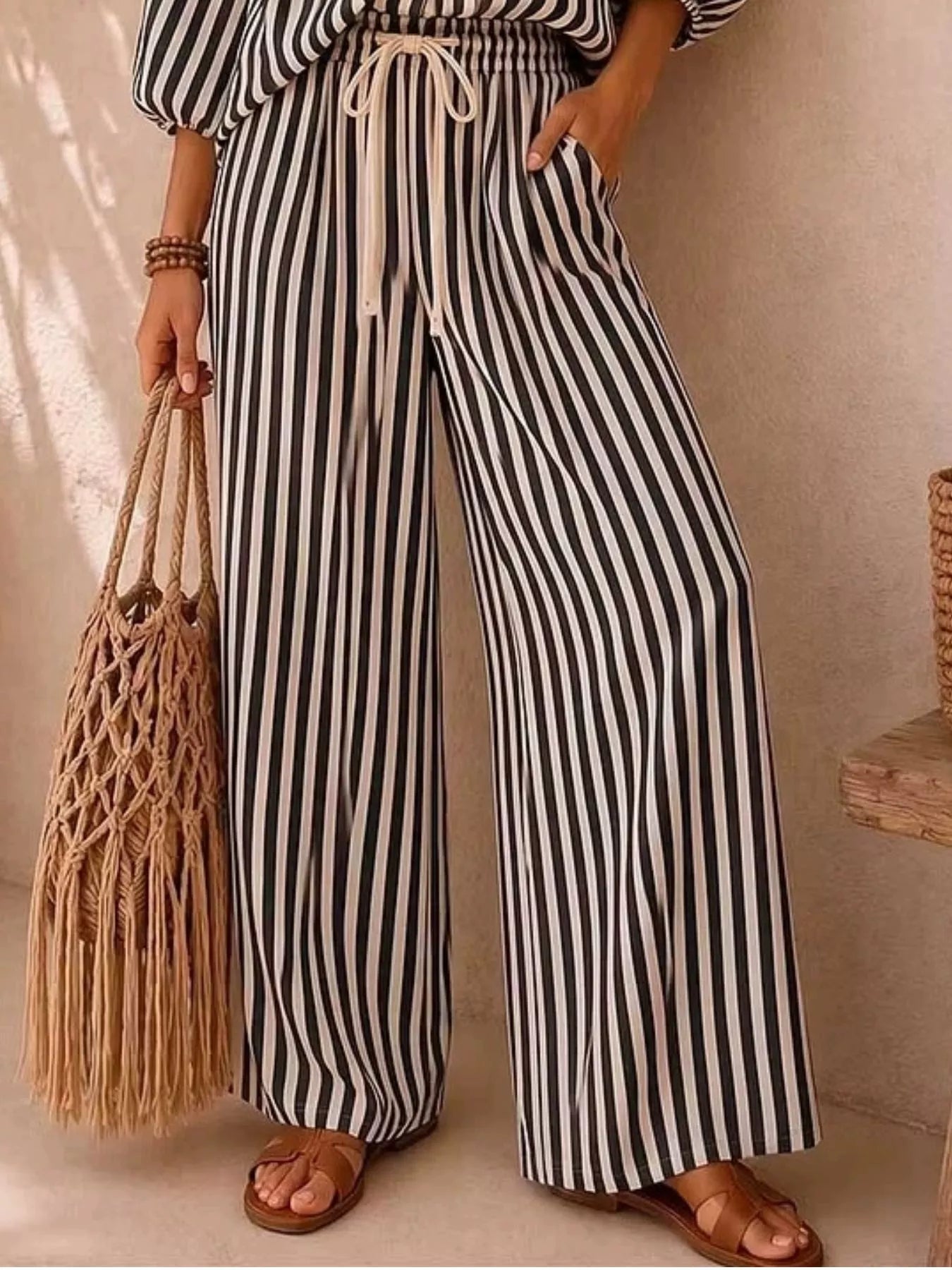 Full Size Striped Puff Sleeve Shirt and Wide-Leg Drawstring Pants Set Plus Size