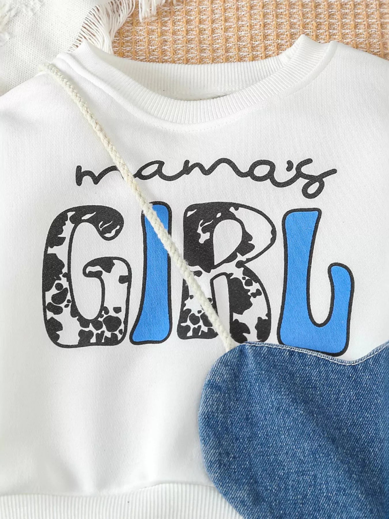 Children's Letter Long Sleeve Top and Denim Skirt Set with Heart Bag