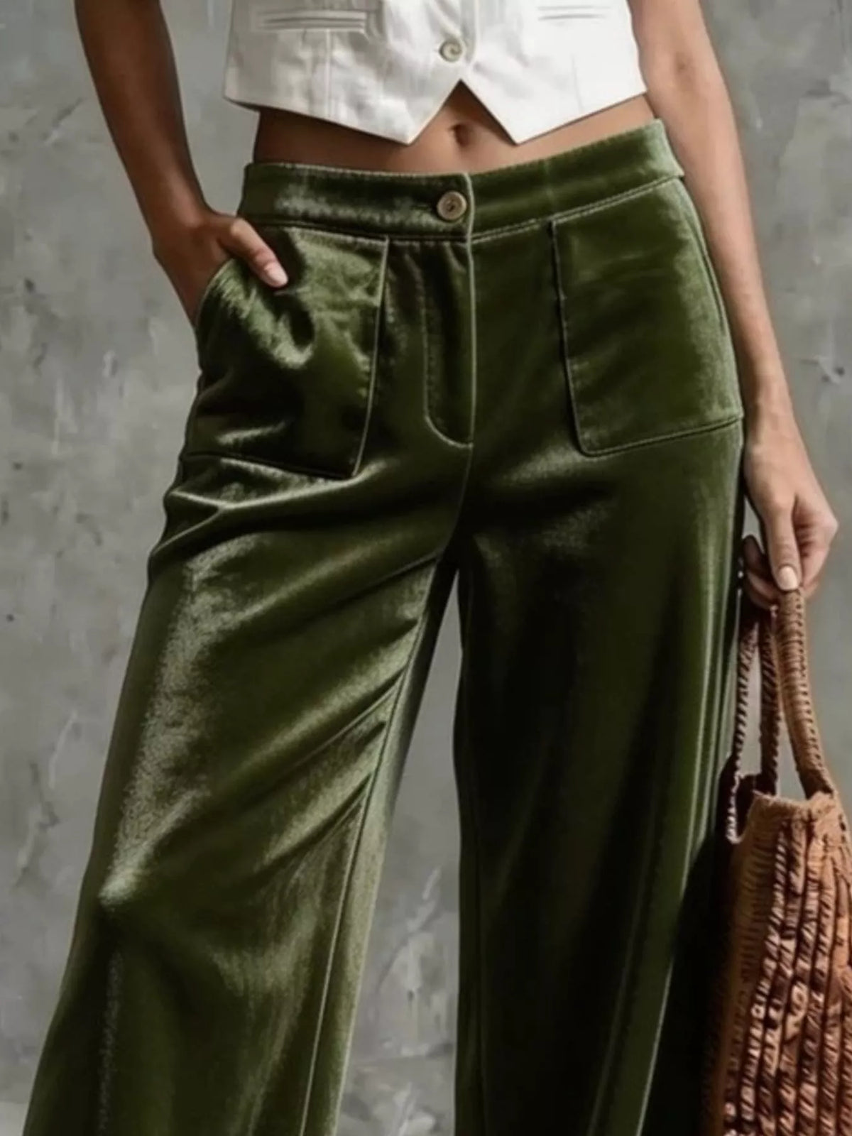 Full Size High-Waisted Wide-Leg Velvet Pants with Front Pockets Plus Size
