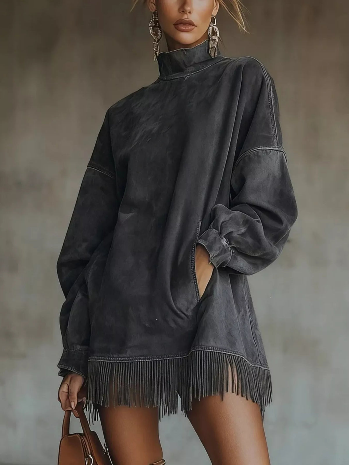 Suede Mock Neck Fringed Mini Dress