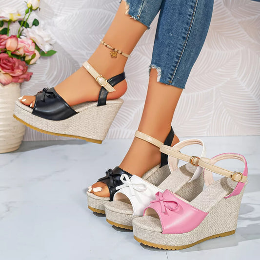 Bow Peep Toe Wedge Sandals