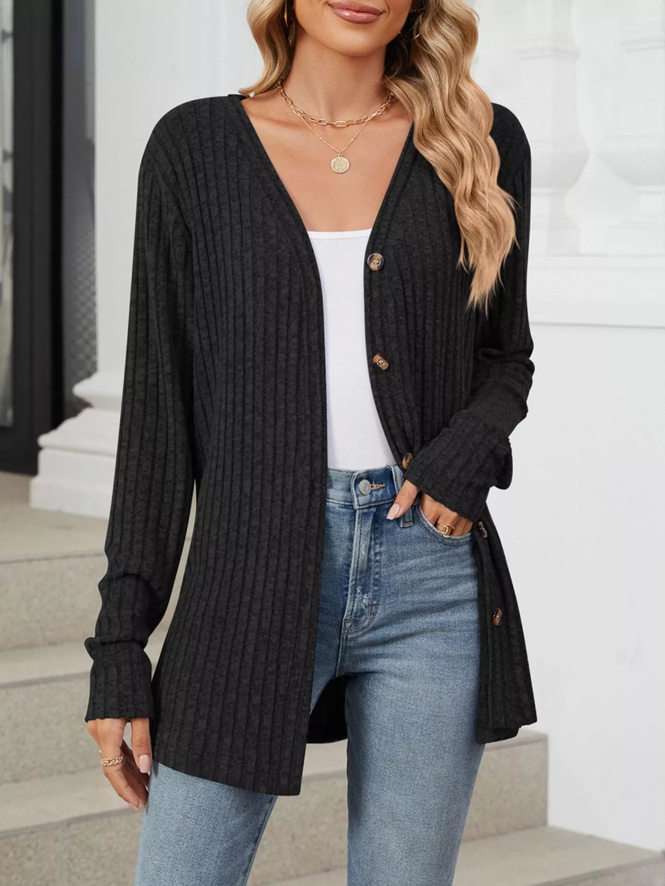 Ribbed Button-Up Cardigan