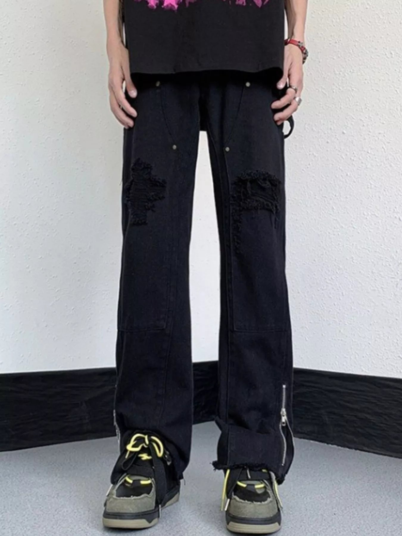 Men's Distressed Raw Hem Wide Leg Jeans