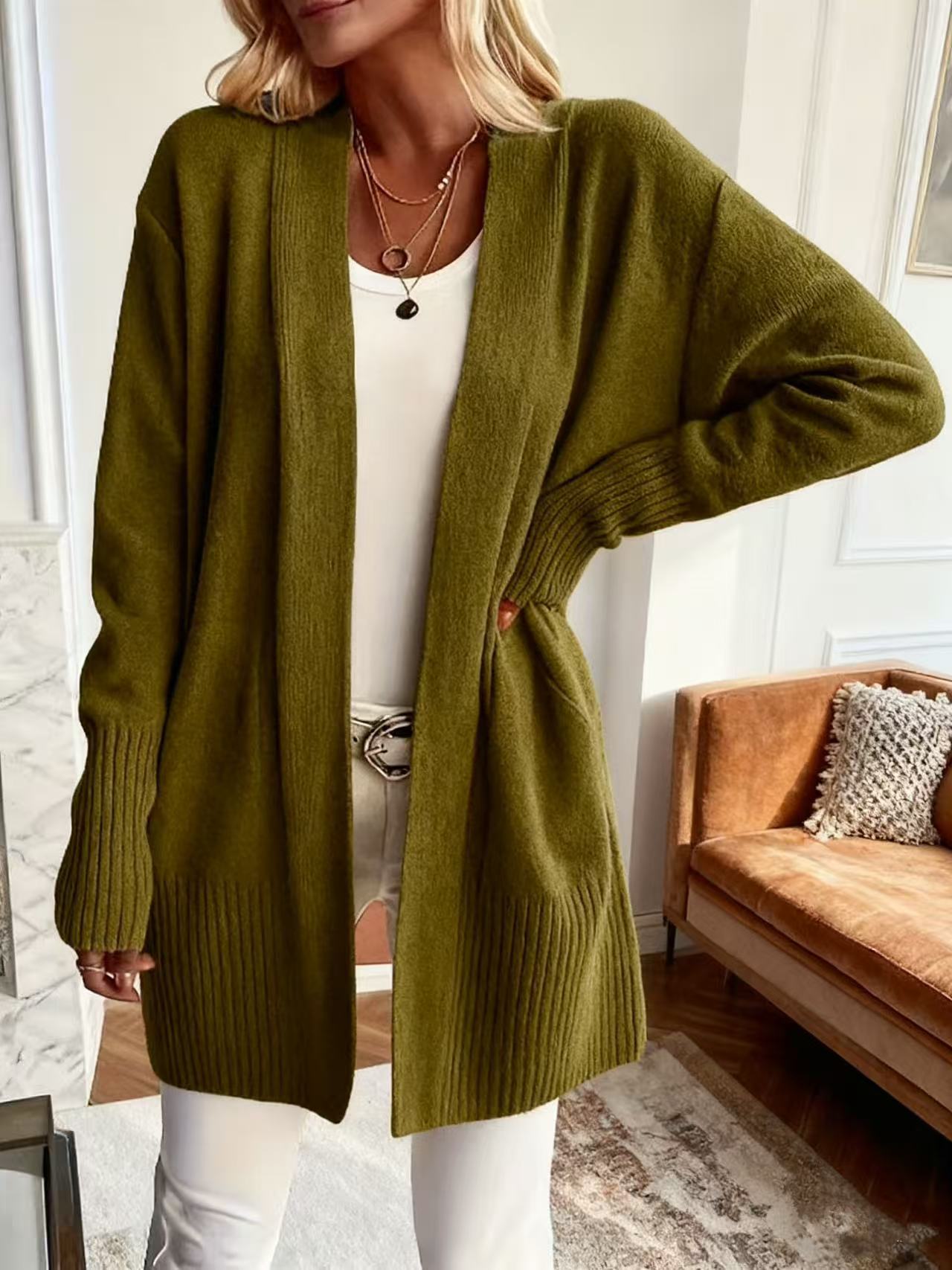 Longline Open-Front Cardigan | Oversized Knit with Patch Pockets