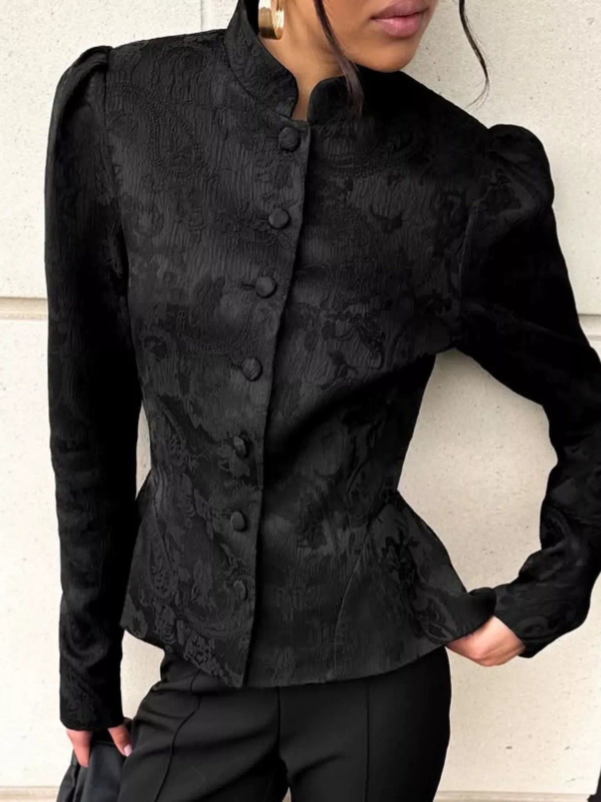 Jacquard Peplum Puff Sleeve Outerwear