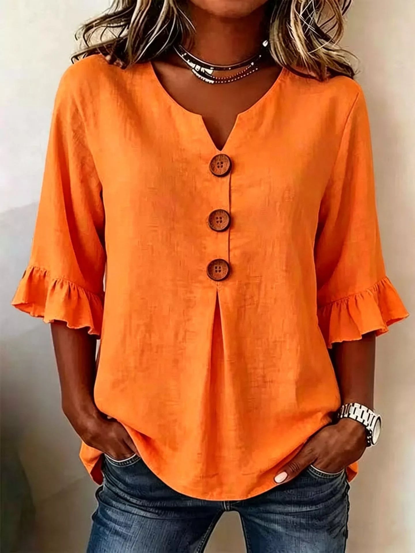 Full Size Casual Ruffle‑Sleeve Decor‑Button Top Plus Size