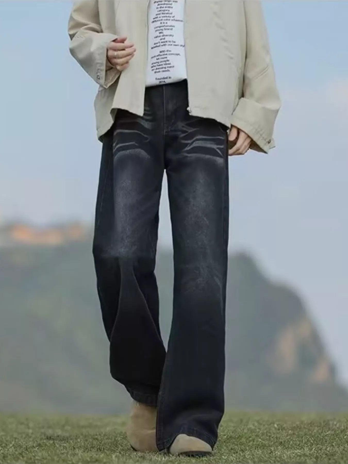 Men's Full Size Vintage Wash Wide Leg Jeans Plus Size