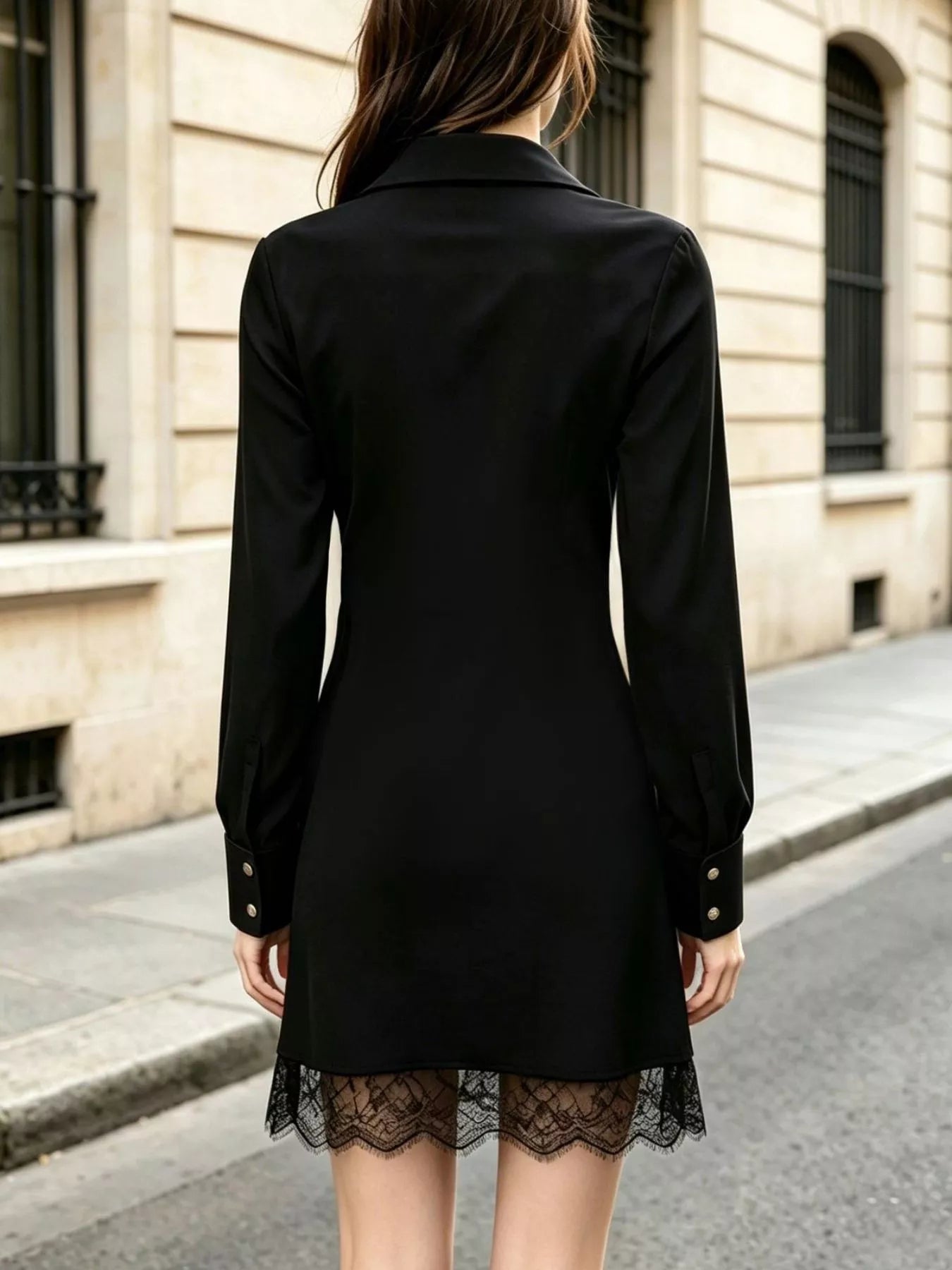 Long-Sleeve Shirt Dress with Lace Hem
