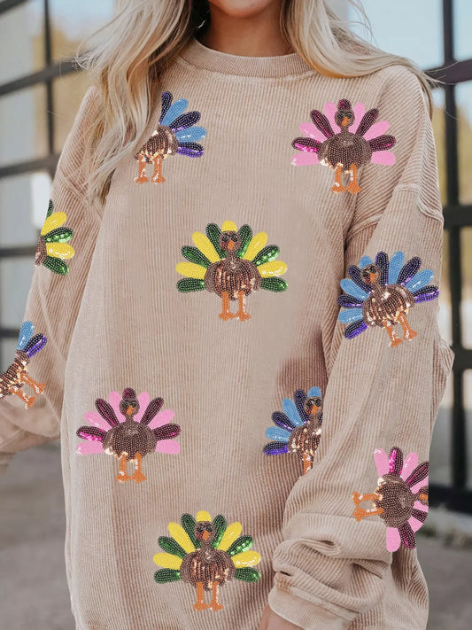 Full Size Turkey Graphic Corded Baggy Sweatshirt Plus Size