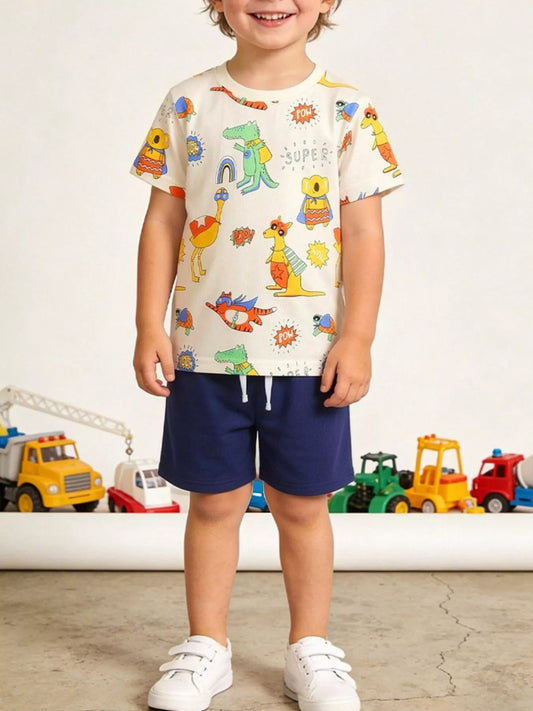 Children's Cartoon Animal Print Tee and Shorts Set