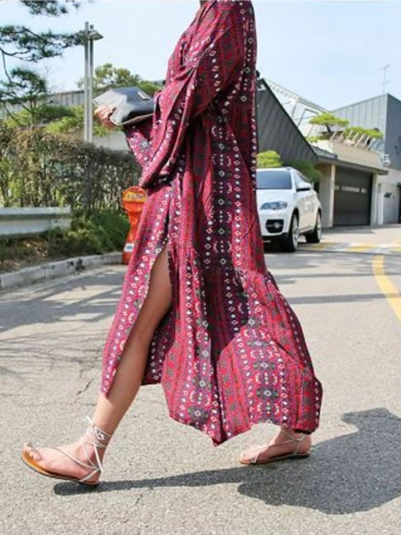 Bohemian Print Midi Dress with Side Slits