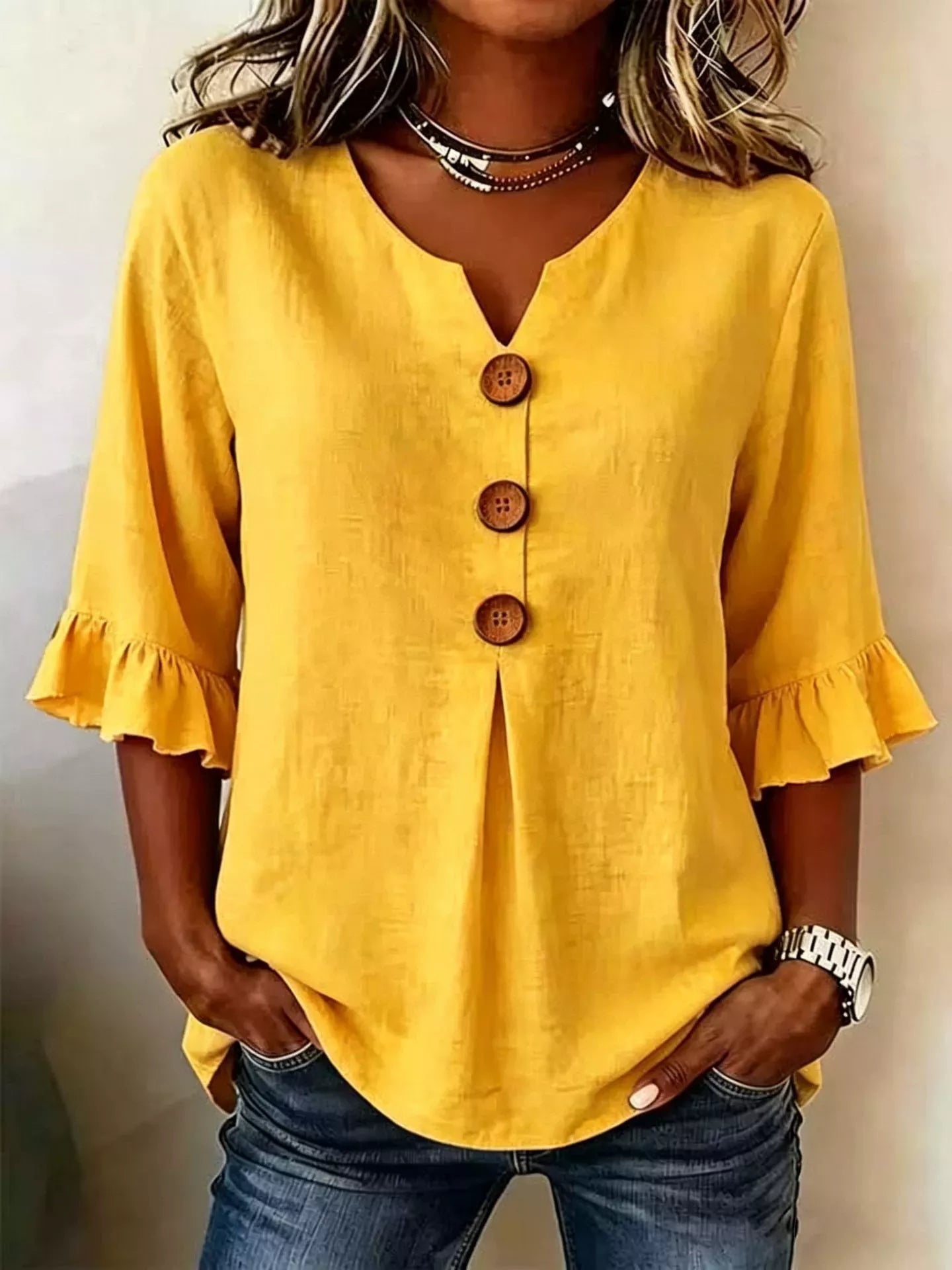 Full Size Casual Ruffle‑Sleeve Decor‑Button Top Plus Size