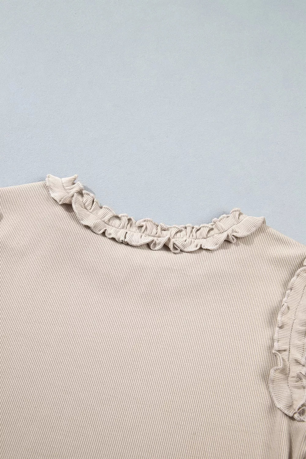 Solid Color Round Neck Frill Detail Long Sleeve Top