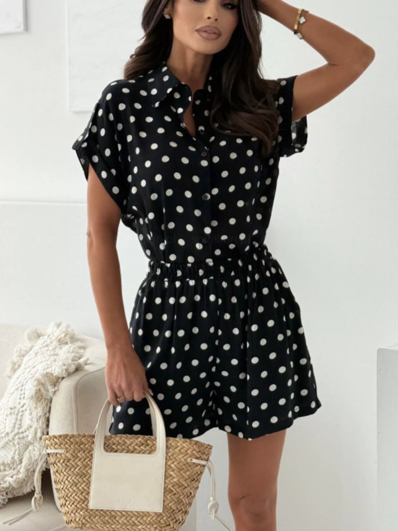 Polka Dot Button Up Shirt and Shorts Set
