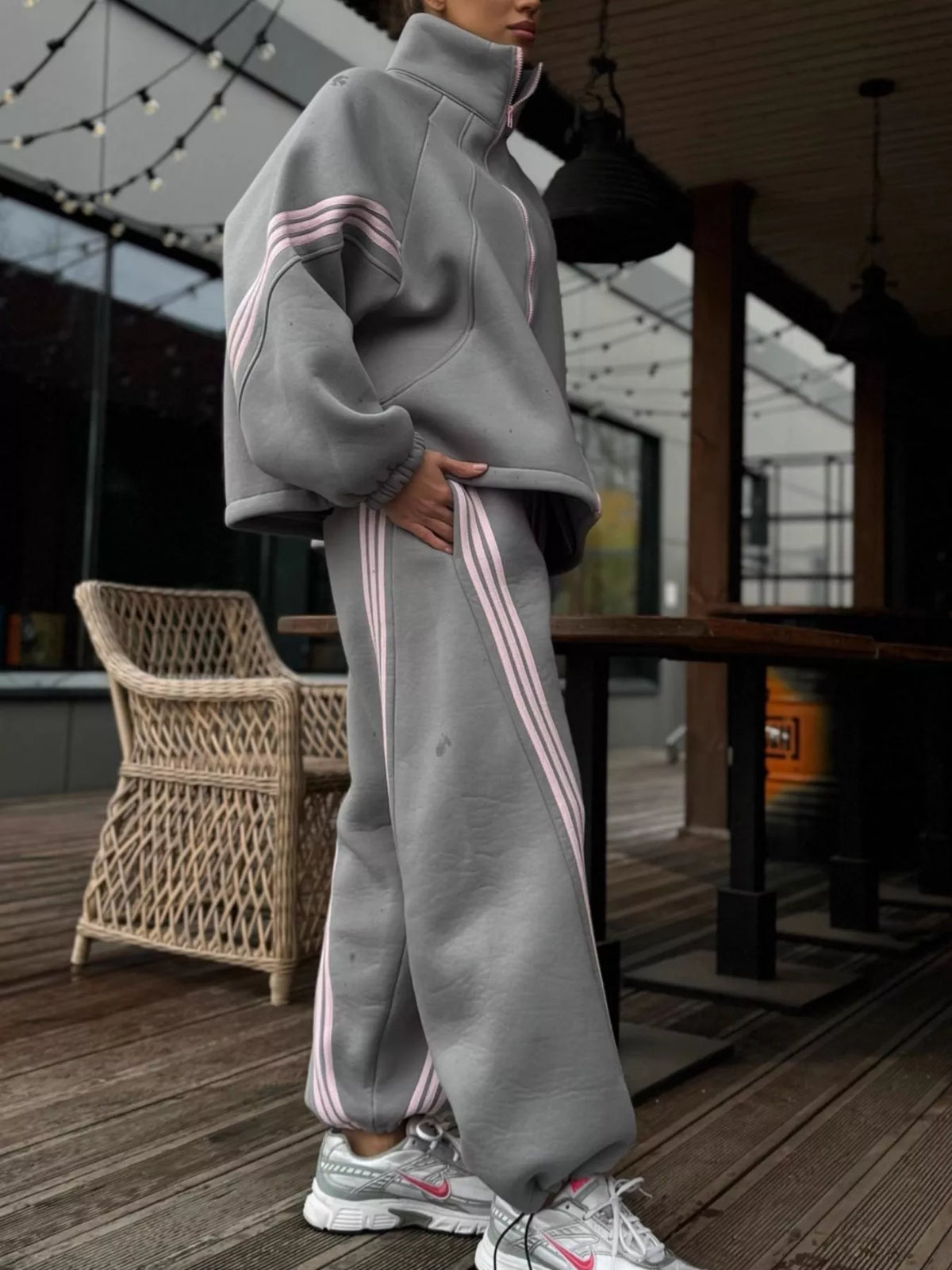Contrast Striped Zip Up Top and Pants Set