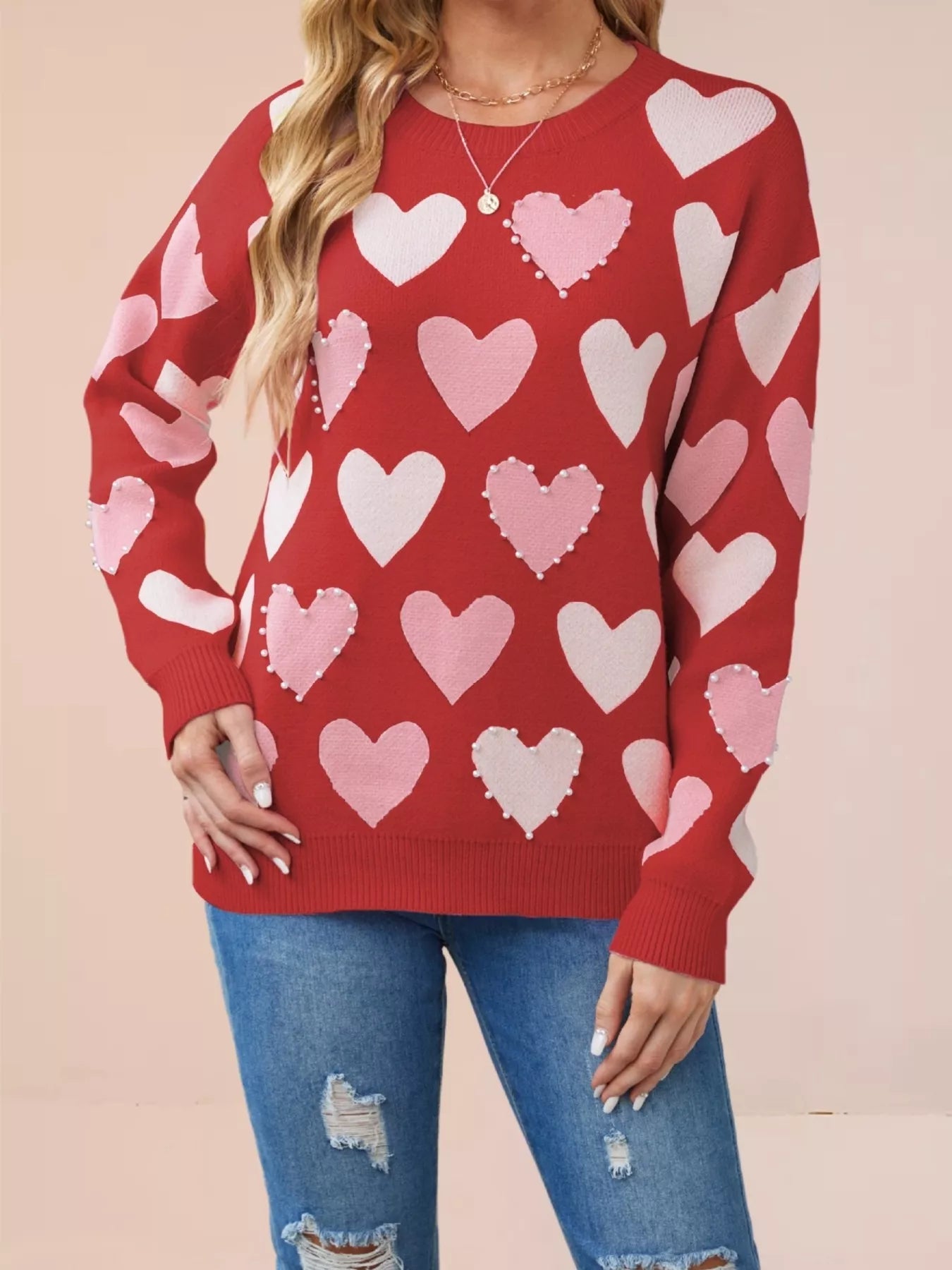 Heart Pattern Pearl Embellishments Sweater