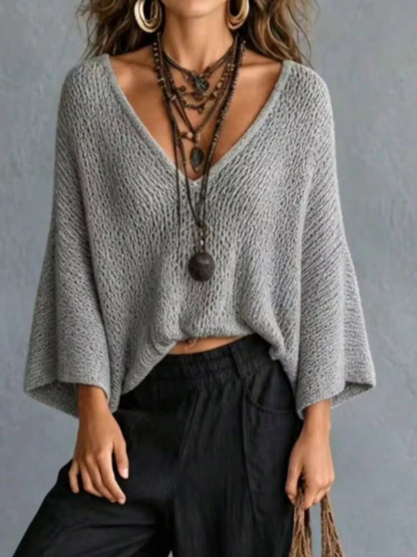 V-Neck Batwing Sleeve Sweater
