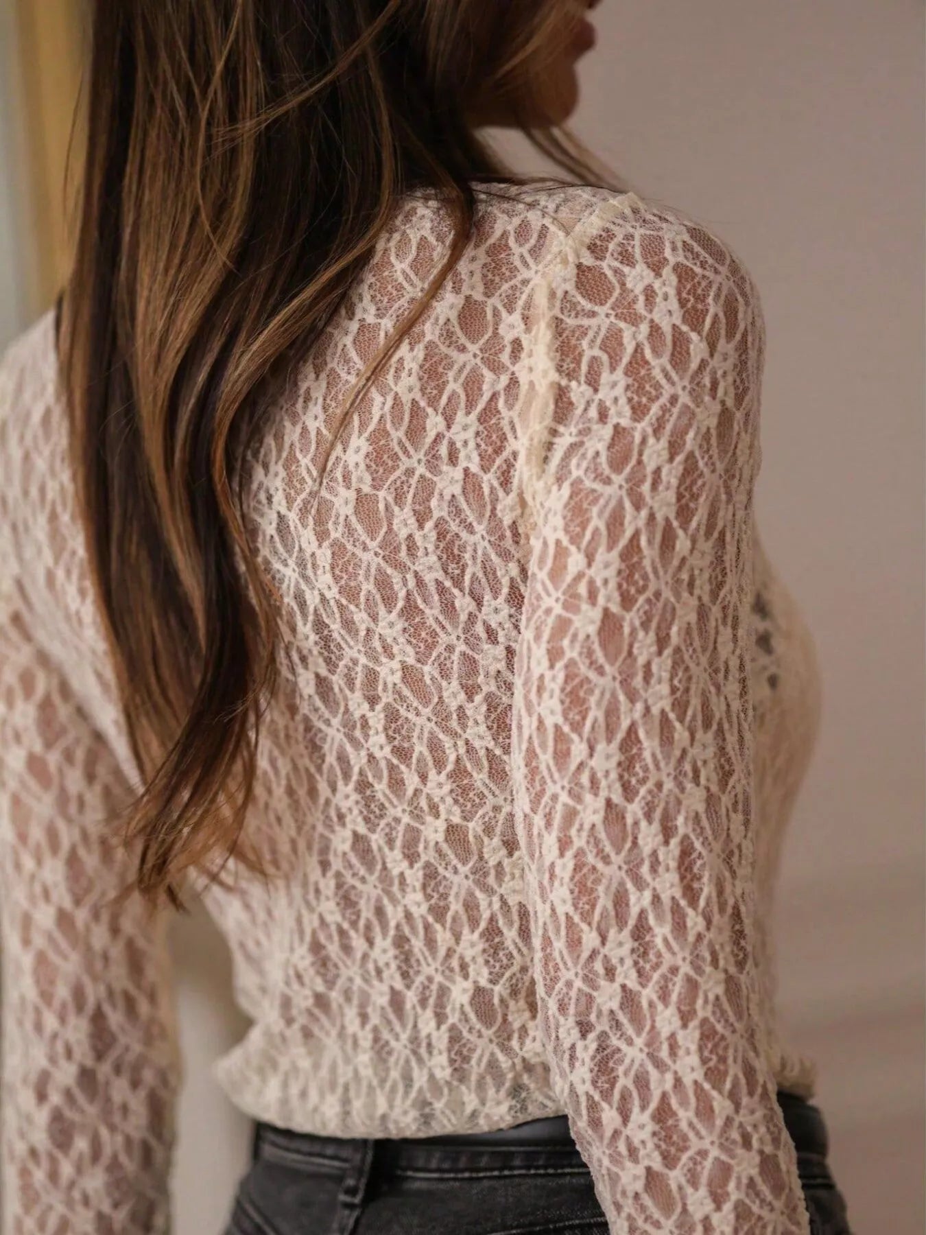 Mock Neck Sheer Lace Long Sleeve Top