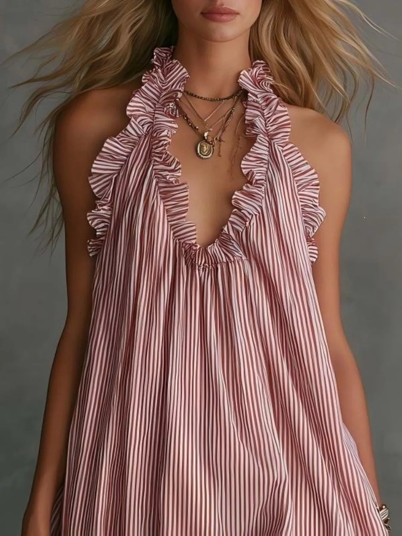 Full Size Ruffled Trim Halter Neck Mini Dress Plus Size