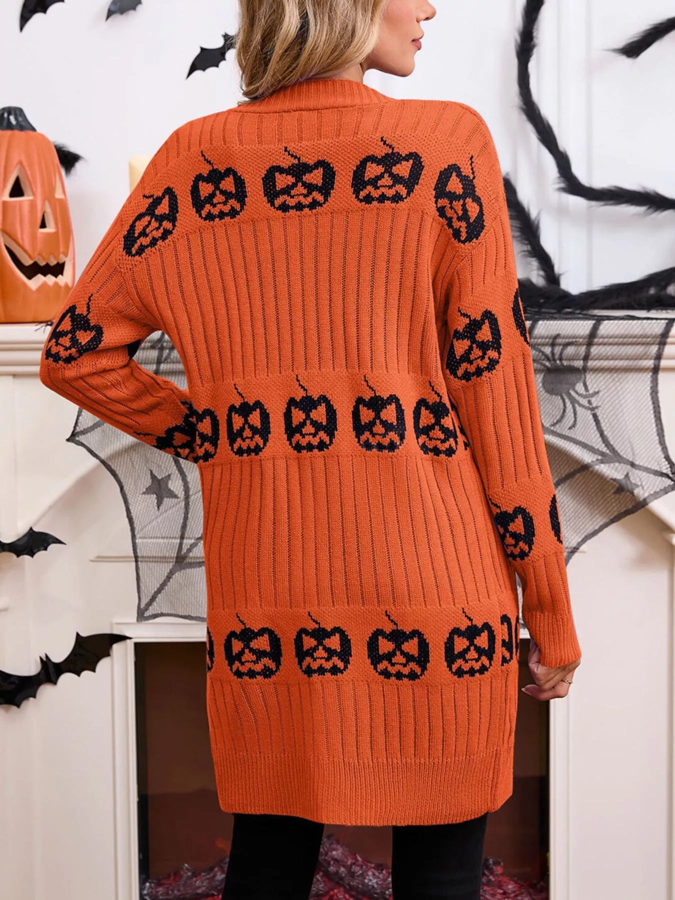 Halloween Pumpkin Open Front Knit Cardigan