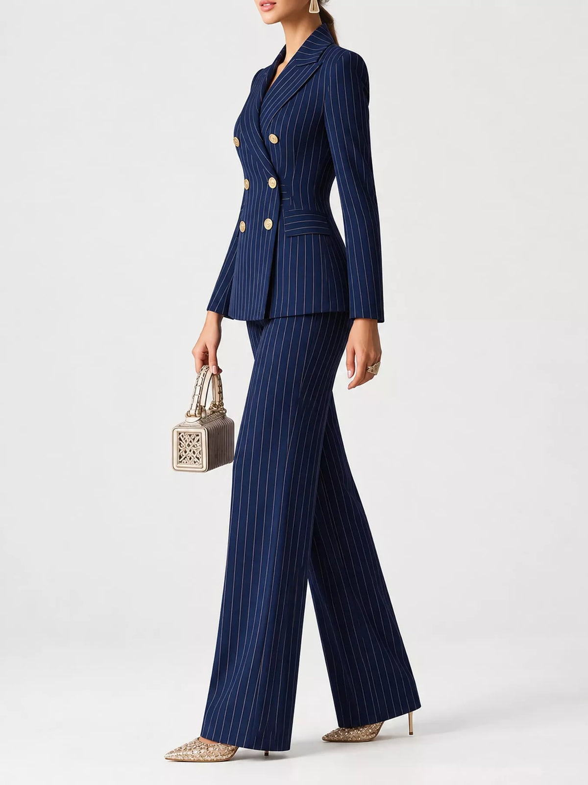 Double-Breasted Pinstripe Blazer and Wide-Leg Pants Set