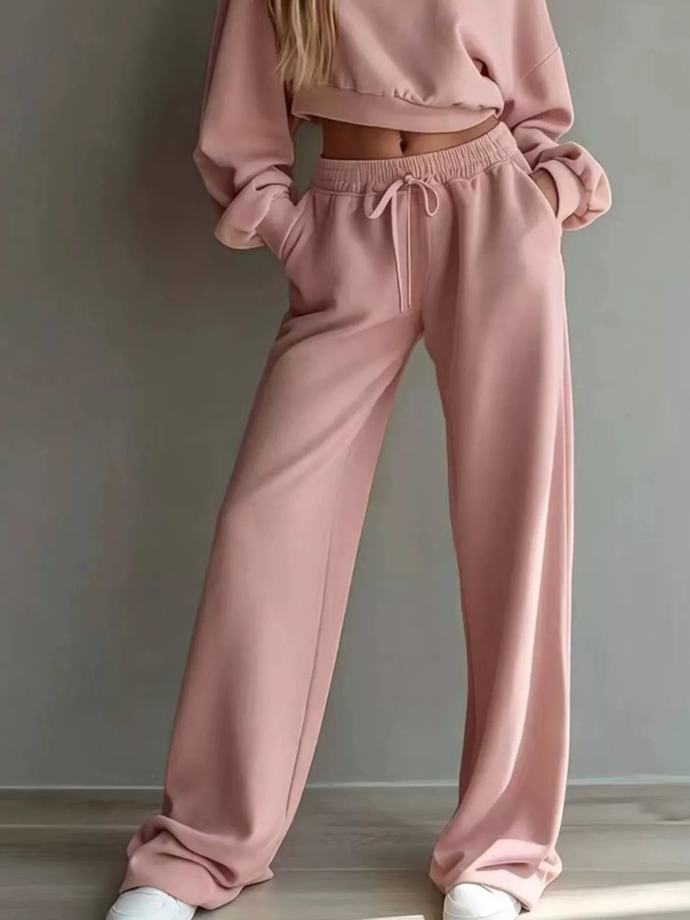 Round Neck Cropped Sweatshirt and Wide-Leg Pants Set
