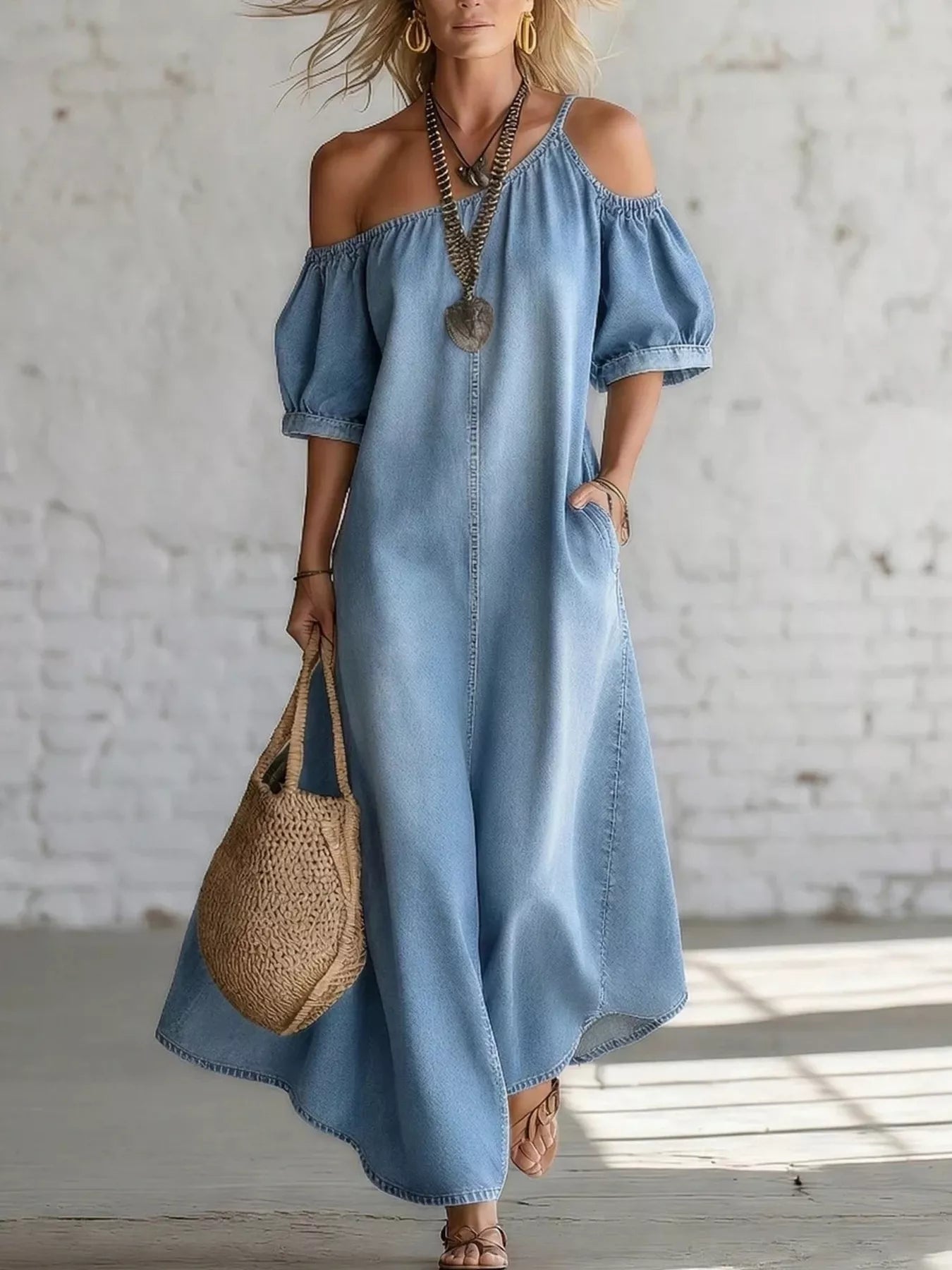 Asymmetrical Neck Denim Maxi Dress with Pockets