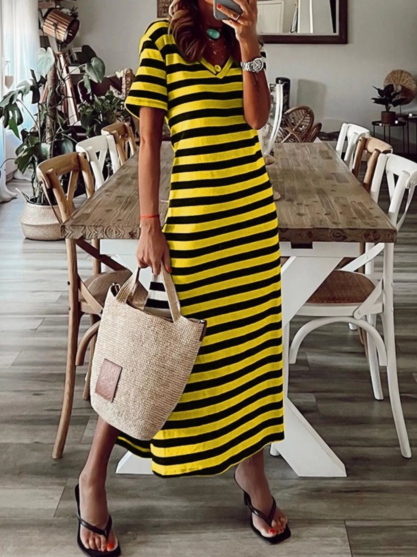 Full Size Striped V-Neck Midi Dress with Side Slit Plus Size