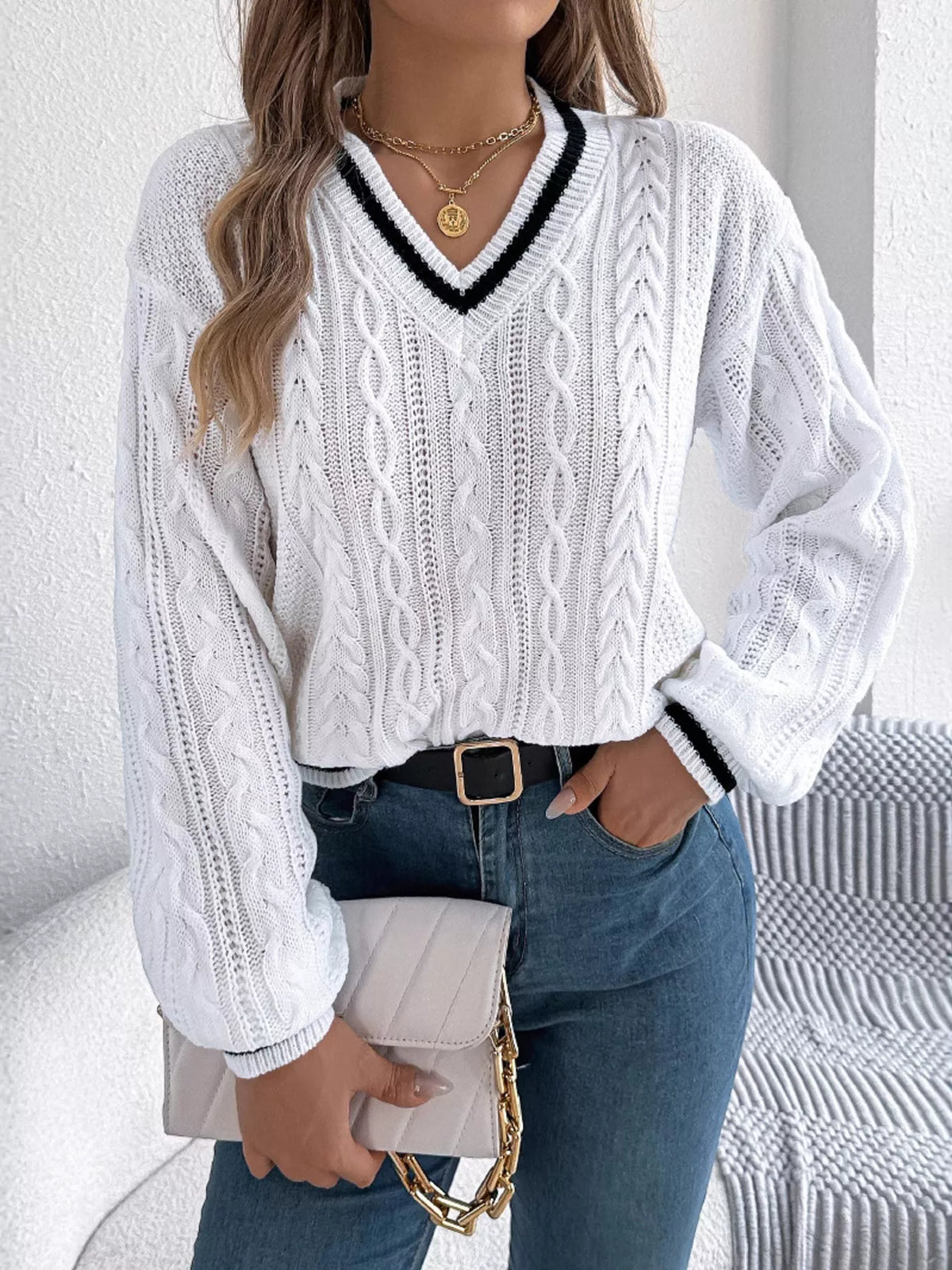 V-Neck Cable Knit Sweater with Striped Trim