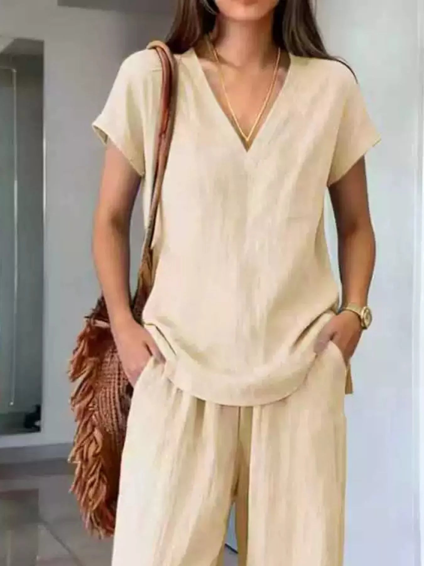 Full Size V-Neck Short Sleeve Top and Pants Set Plus Size