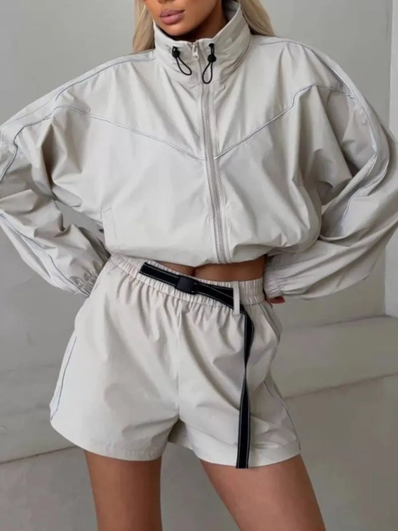 Drawstring Zip-Up Jacket and Shorts Set