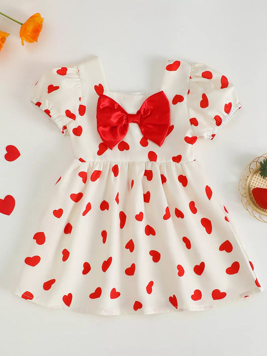Children's Heart Print Puff Sleeve Dress with Bow