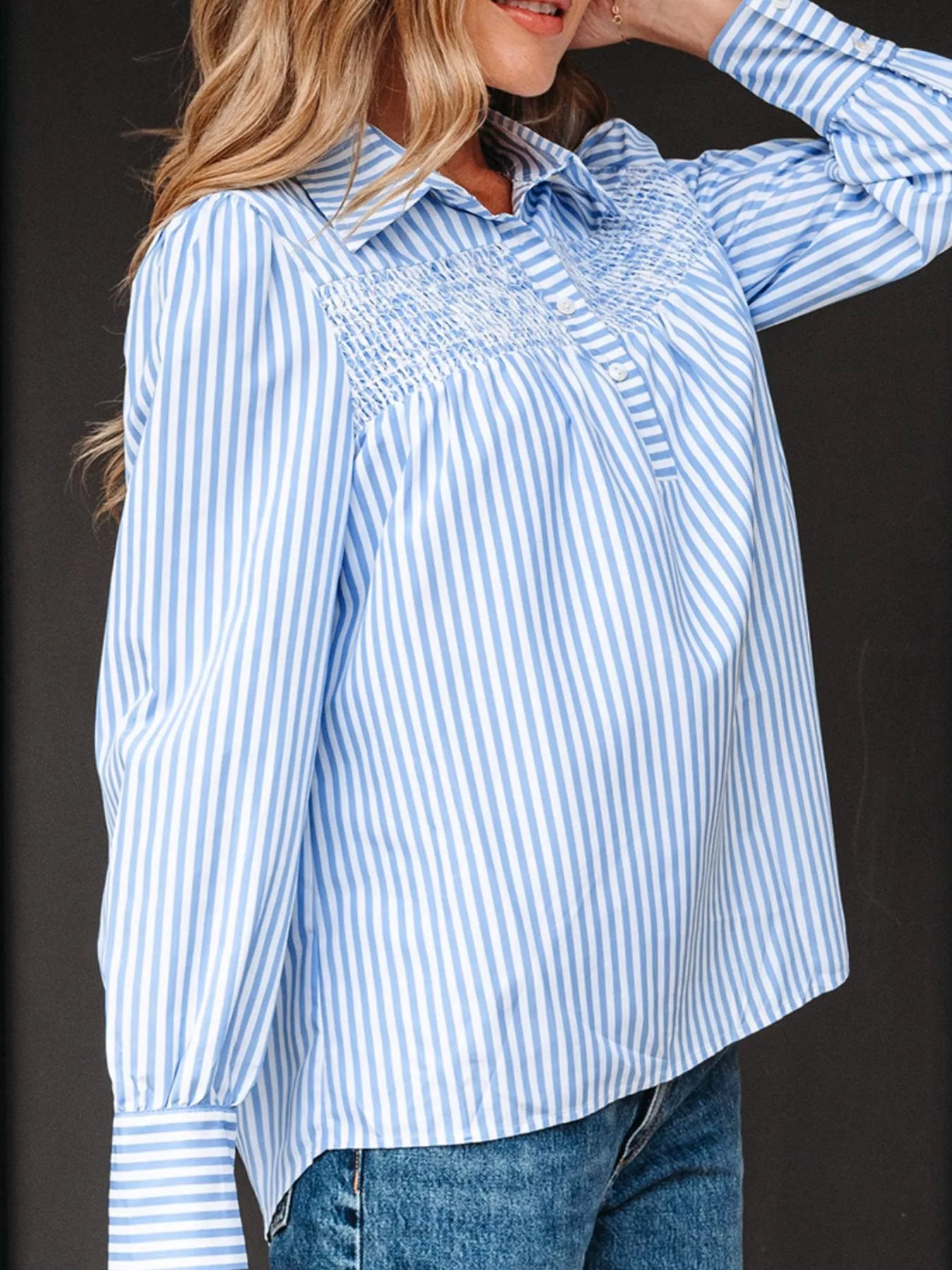 Striped Smocked Collared Neck Blouse
