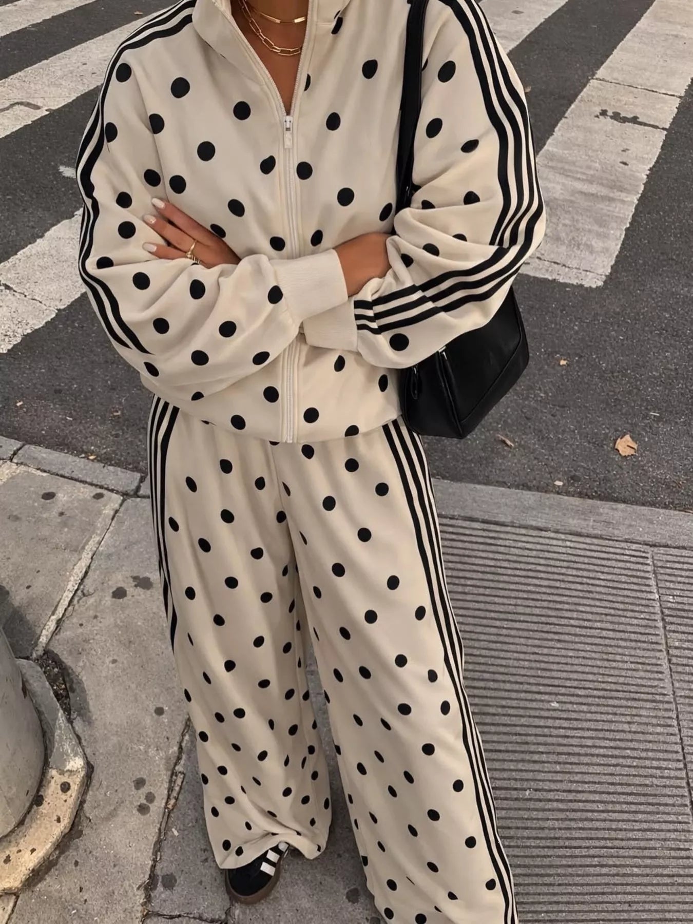 Polka Dot Zip Up Outerwear and Pants Set