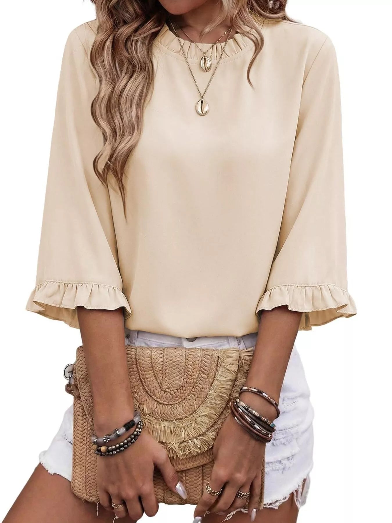 Ruffle Trim Half Sleeve Blouse