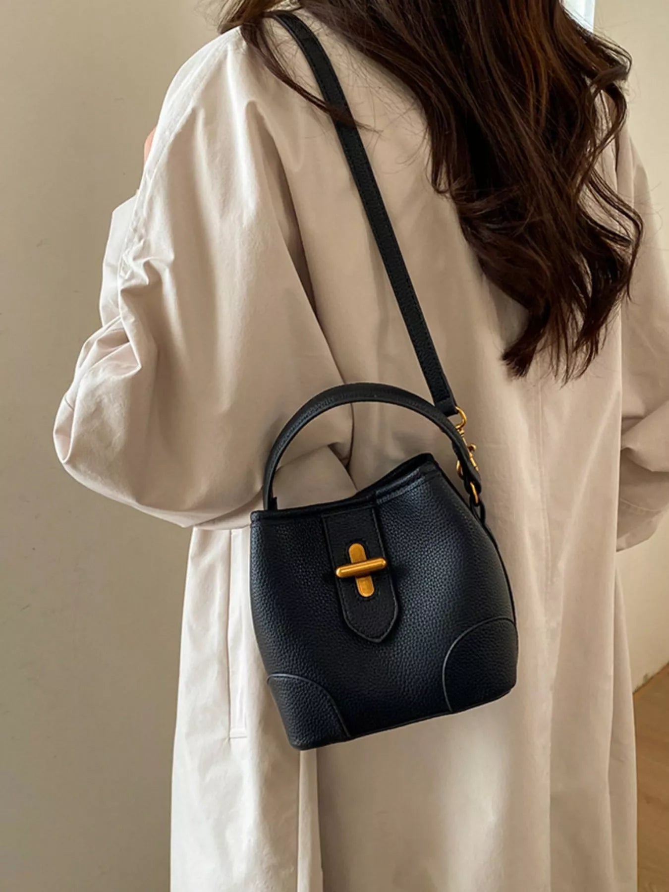 Textured Leather Bucket Crossbody Bag