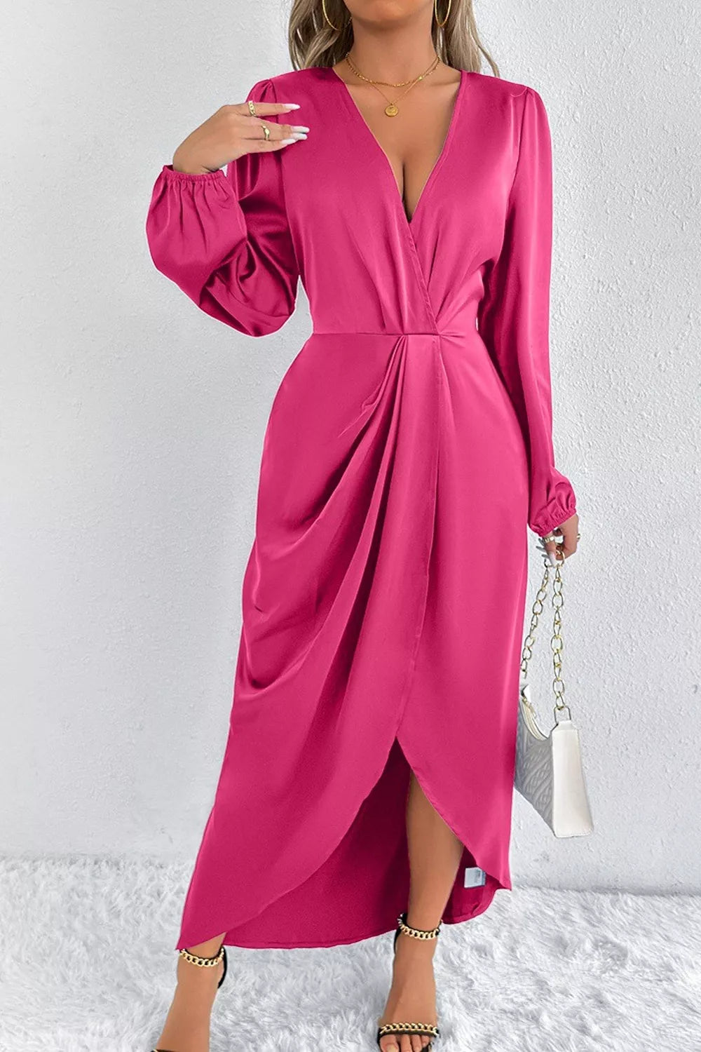 Satin Balloon Sleeve Midi Dress