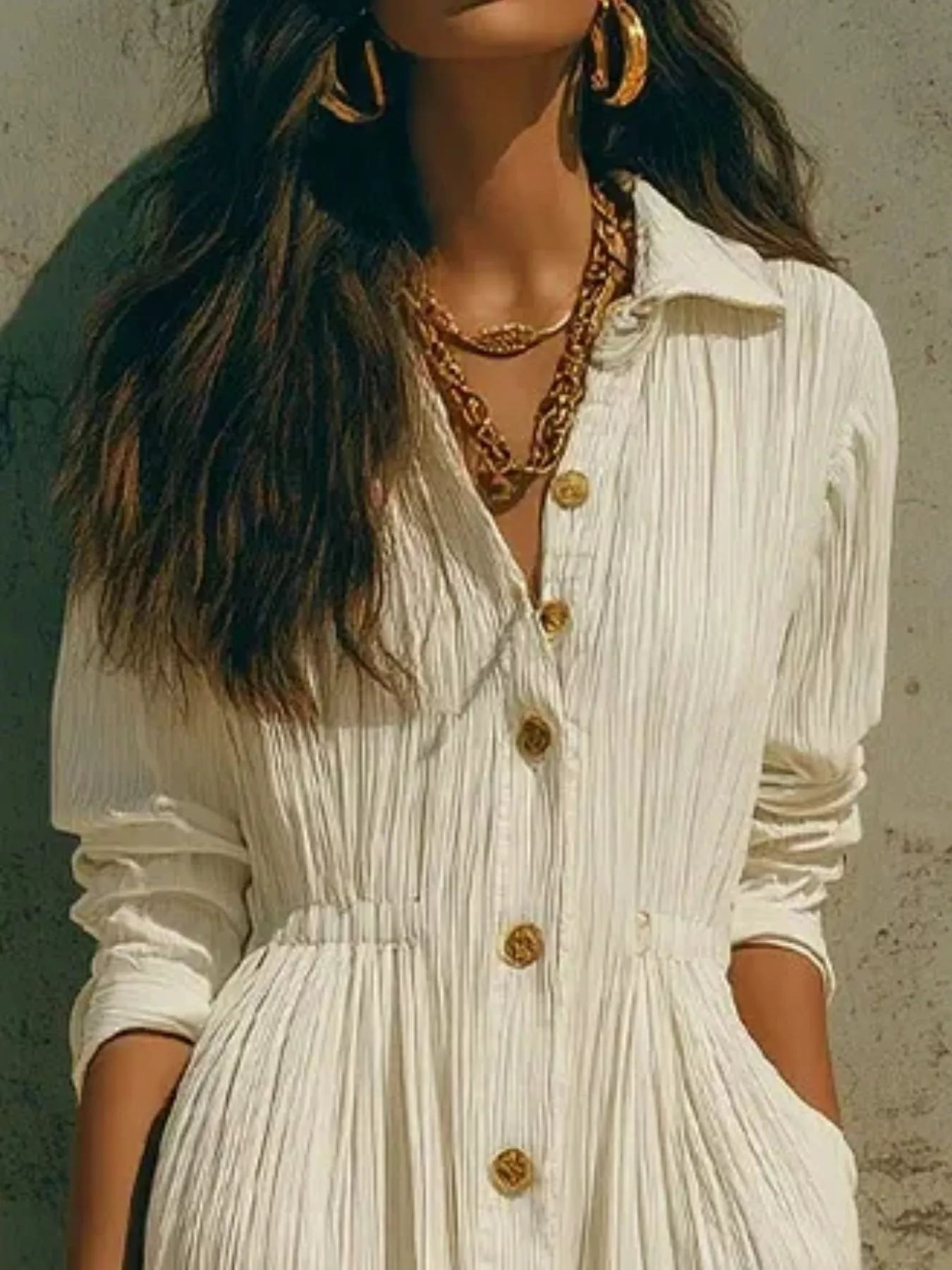 Full Size Textured Button Down Long Sleeve Maxi Dress Plus Size