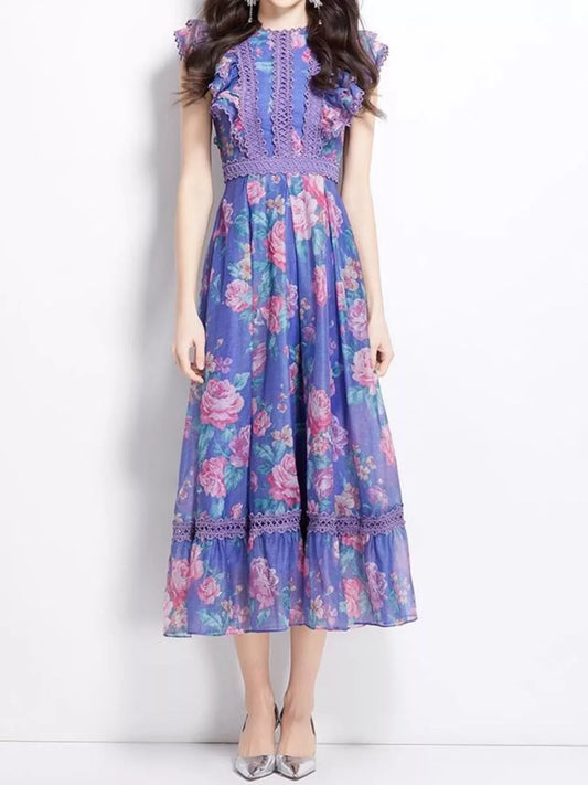 Floral Print Ruffle Sleeve Midi Dress