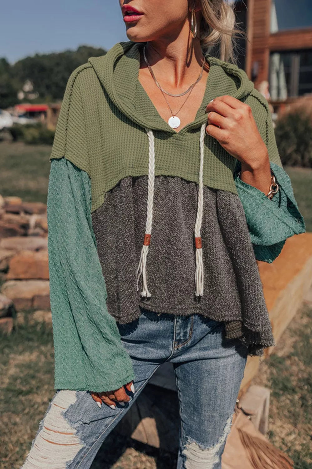 Color Block Waffle Knit Raw Hem Hoodie