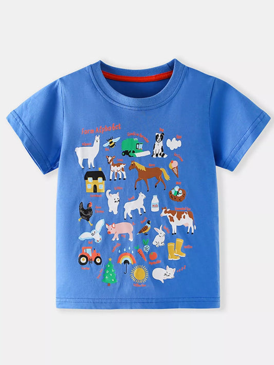 Children's Farm Alphabet Print Crew Neck Short Sleeve T-Shirt